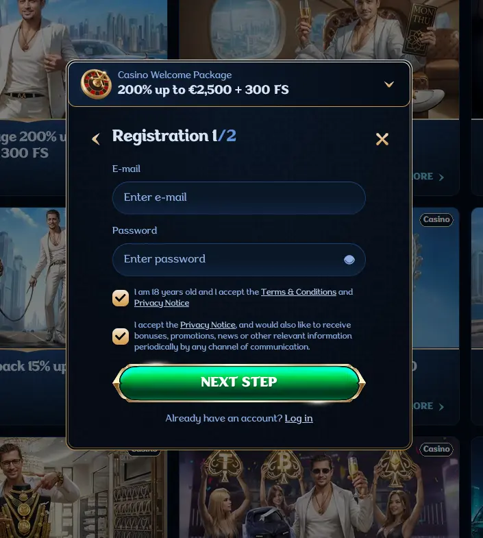 Registrační formulář Millioner Casino s uvítacím bonusem